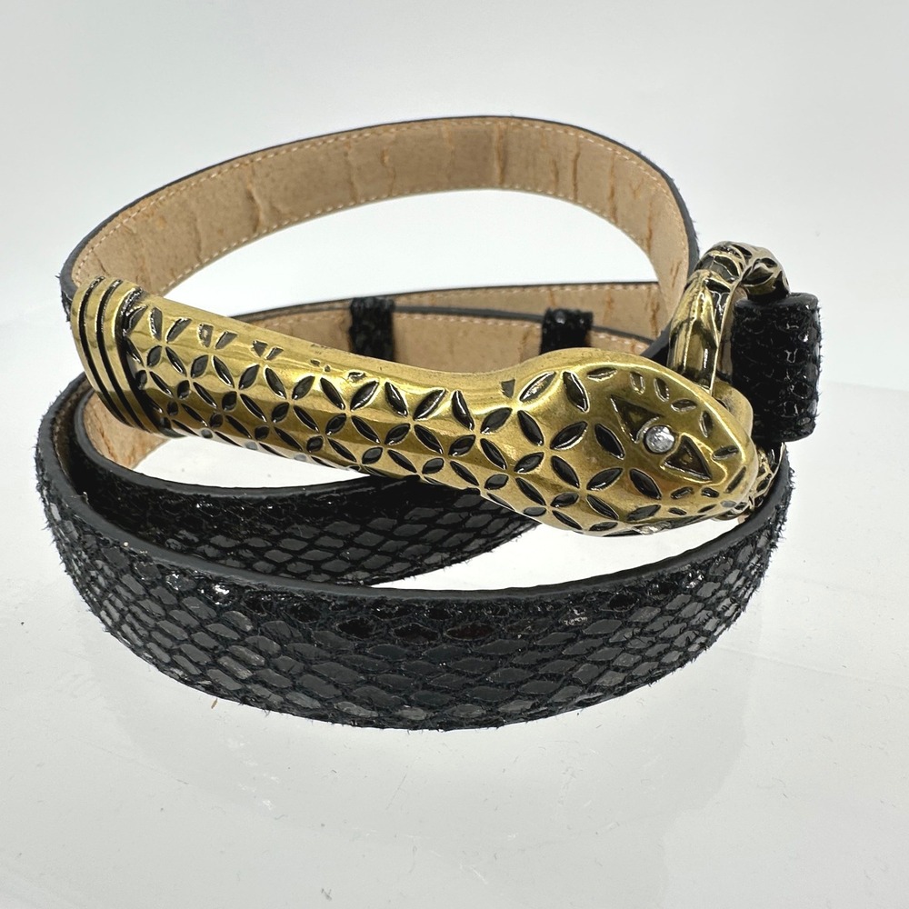 Kenneth Jay Lane Snake Hook Belt Womens M/L Black Gold Faux Snake Skin‎ Goth